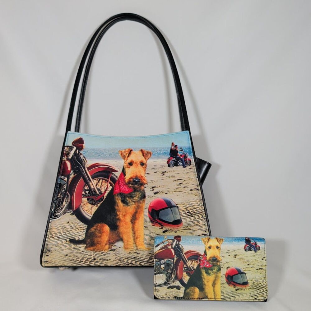 Vibrant Airedale Terrier & Motorcycle Beach Handbag and Matching Wallet Set